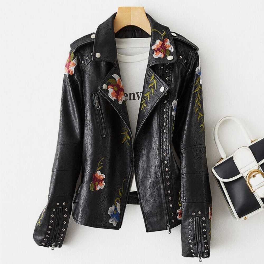 Black Floral Embroidered Studded Faux Leather Jacket Moto Bomber Jacket‎ Coat